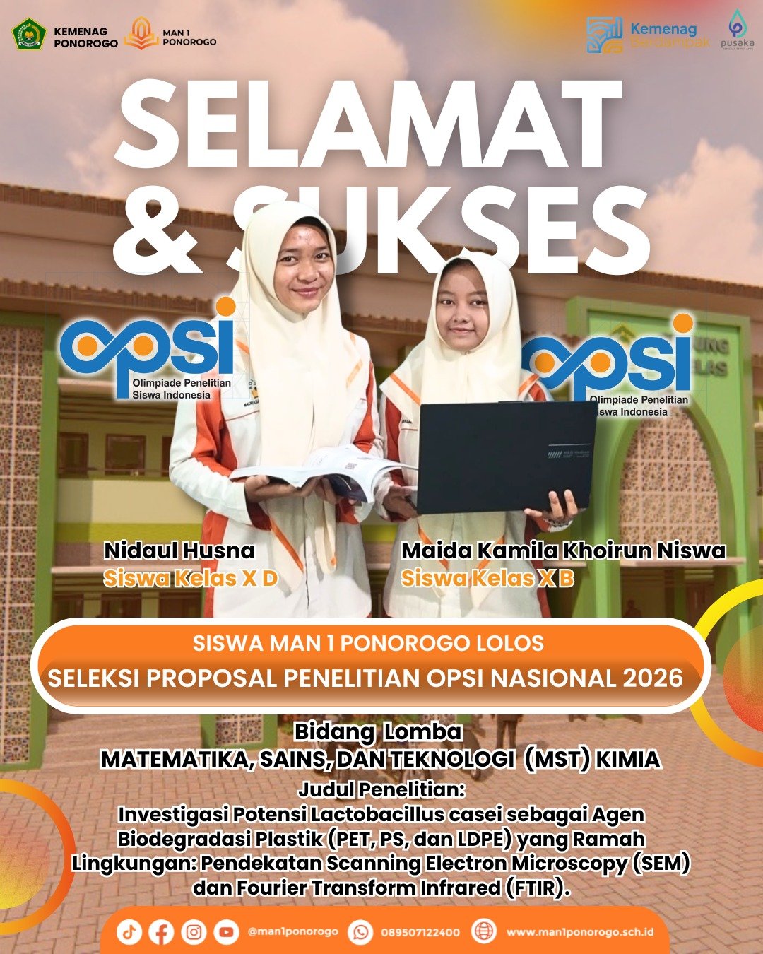 Prestasi Membanggakan, Dua Siswi MAN 1 Ponorogo Lolos Seleksi OPSI 2026 Bidang Kimia