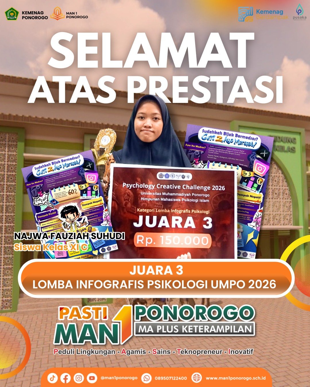 Najwa Fauziah Suhudi, Siswa MAN 1 Ponorogo, Raih Juara 3 dalam Psychology Creative Challenge 2026